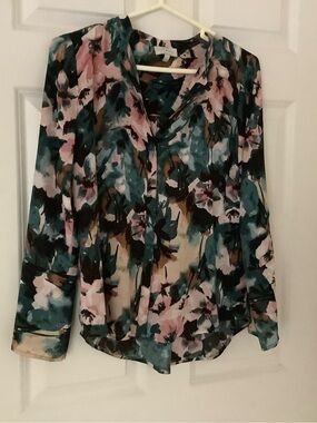 Lucky Brand Teal Pink Floral V-Neck Blouse